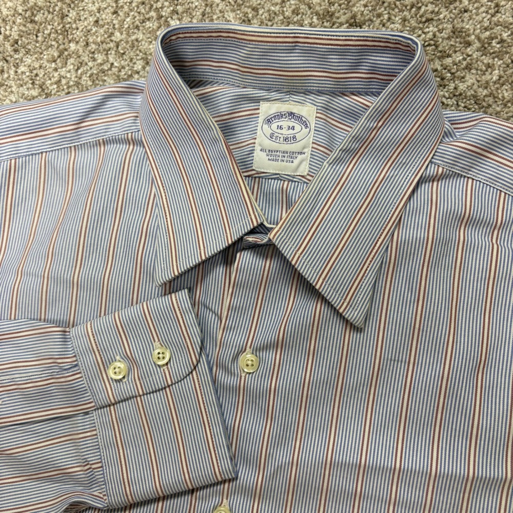 Vintage Brooks Brothers Button Down Shirt Mens 16-34 Striped Blue Red USA Made